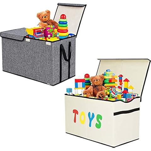 YOLOXO 2 Pack Large Kids Toy Box Chest Storage Organizer with Flip-Top Lid Dark Grey+Beige Cover
