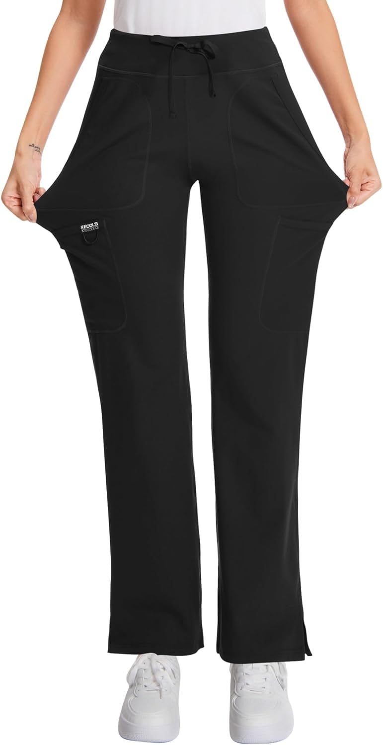 Women's Yoga Scrub Pants Flared Mid Rise Cargo Work Pants with 5 Pocket for Work,4-Way Stretch Fabric - Image 2