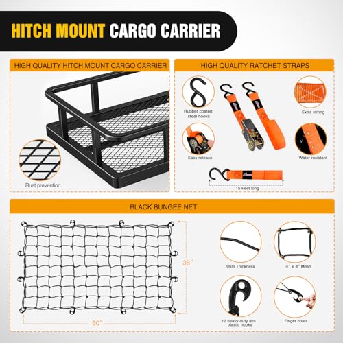 Image of Nilight 60 inch x 24 inchx 7.87 inch Folding Carrier Fits 2-Inch Receiver 500 Lbs Capacity Soft Waterproof Bag Net Ratchet Straps for SUV Pickup RV's Vans Cars