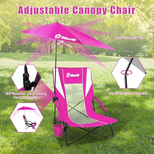 Image of EMERIT Low Beach Chairs for Adults with Removable UPF 50+ Umbrella, Lightweight Folding Backpack Camping Chair with Cup Holder, Portable Sand Chair for Beach, Picnic, Lawn