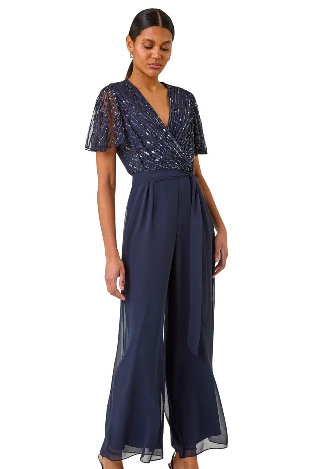 Roman Originals Women's Navy Embellished Beaded V-Neck Jumpsuit For Uk - Everyday Holiday Spring Summer V-Neckline Comfy Soft Evening Vacation Work Party - Size 16