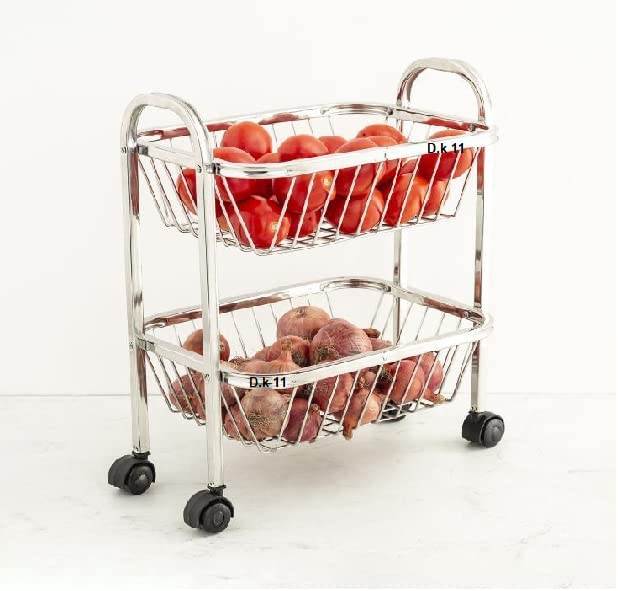D.k 11® Stainless Steel 2 Tier Vegetable and Fruit Trolley Rack, Kitchen Trolley with Wheels Stand Fruit Basket, Vegetable Storage Rack, Kitchen Stand, Sabji Stand, 2 Layer Storage Rack-image-22