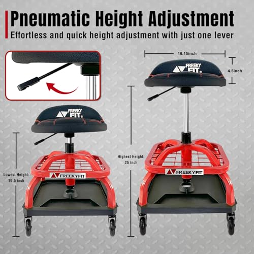 Image of Rolling Shop Stool with Wheels, Garage Work Mechanic Stool with Backrest, Roller Mechanic Chair, Adjustable Height, 360 Swivel, Tool Tray Storage, 330 LBS Capacity, Heavy Duty, Red