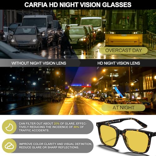 CARFIA Retro Night Vision Glasses for Men - Acetate Square Night Driving Glasses, Reduces Headlight Glare & Enhances Clarity3