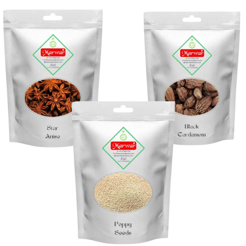 - Combo Pack of Star Anise + Poppy Seeds + Black Cardamom | 50 Gms Each | Pack of 3