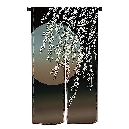 Qinunipoto のれん 桜月夜 和風 桜の花と月 シンプル風 暖簾 幅85×丈150cm インテリア 目隠し おしゃれ すだれ 遮光 部屋 間仕切り ロング カーテン 麻調ポリエステル製 オーダー可 冷/暖気遮断 簡単取付 リビング 玄関/キッチン/