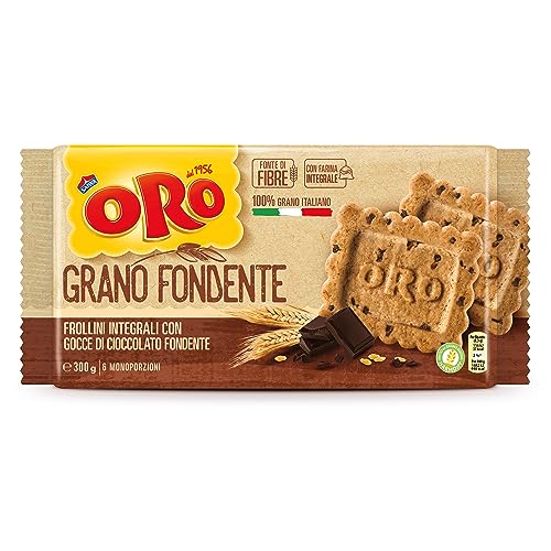Oro Saiwa Grano Fondente, Biscotti Integrali con Gocce di Cioccolato Fondente, Fonte di Fibre con Farina Integrale, 100% Grano Italiano, 300g (6 monoporzioni da 50g)