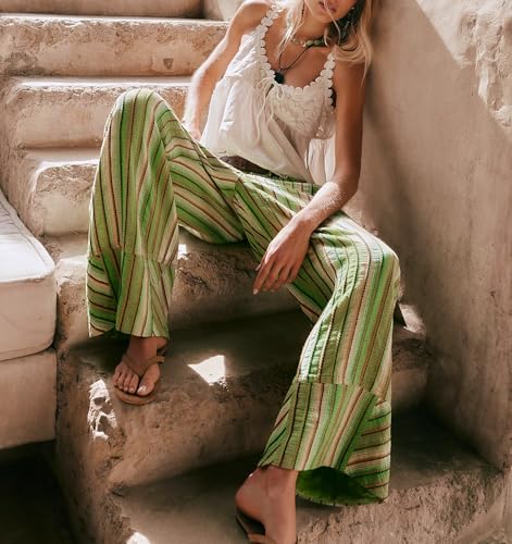 Women Wide Leg Pants High Waisted Striped Boho Fall Trousers Elastic Waist with Pockets Casual Fashion Outdoor Lounge4