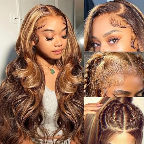 Honey Blonde Ombre Lace Front Wig Human Hair Highlight Wig Human Hair 4/27 Colored Body Wave HD Lace Front Wigs Human Hair Pre Plucked with Baby Hair Frontal Wigs for Women 180% Density 28 Inch