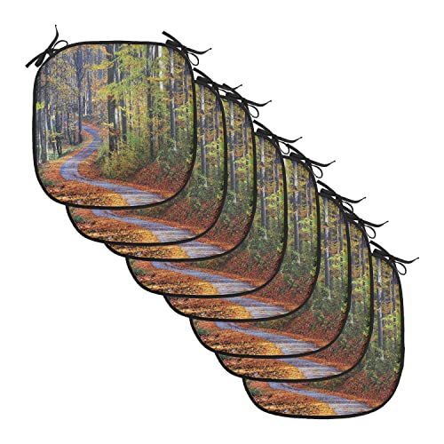 Lunarable Forest Chair Cushion Pads Set of 8, Winding Path Through Fall Forest with Golden Yellow Leaves on Road Landscape, Anti-Slip Seat Padding for Kitchen & Patio, 16'x16', Brown Orange Green