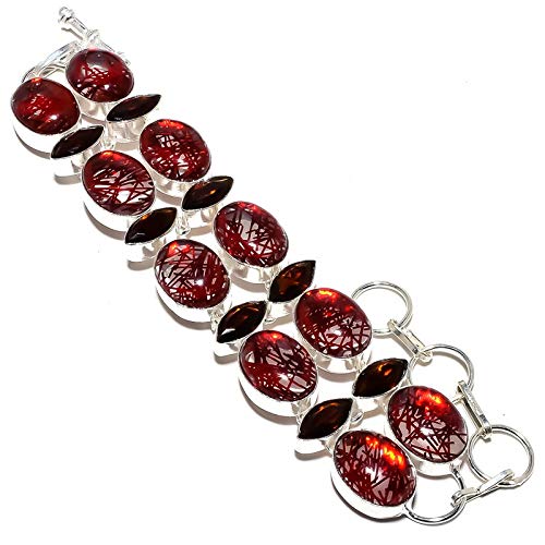 Bracelet multi-pierres en quartz rutile rouge et citrine fait main en argent pour femme