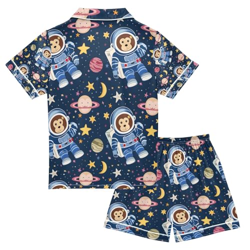 senya Astronaut Monkey Satin Summer Pajama Sets Silk Short Sleeve Button Down Sleepwear2