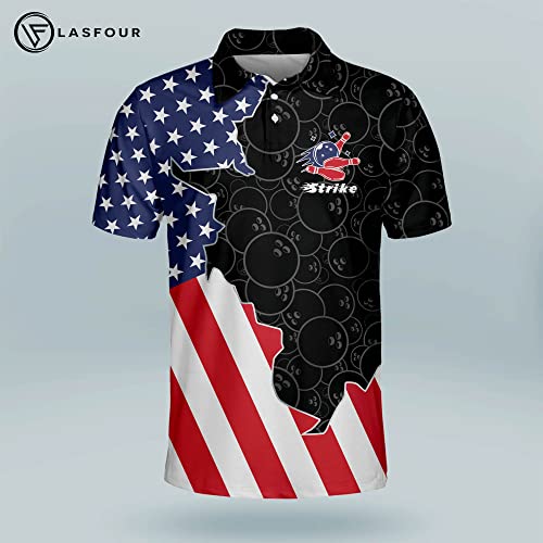 LASFOUR Personalized USA Bowling Shirts for Men, Men's Bowling Polo Shirt Short Sleeve, Crazy Bowling Team Flag Shirt for Men2