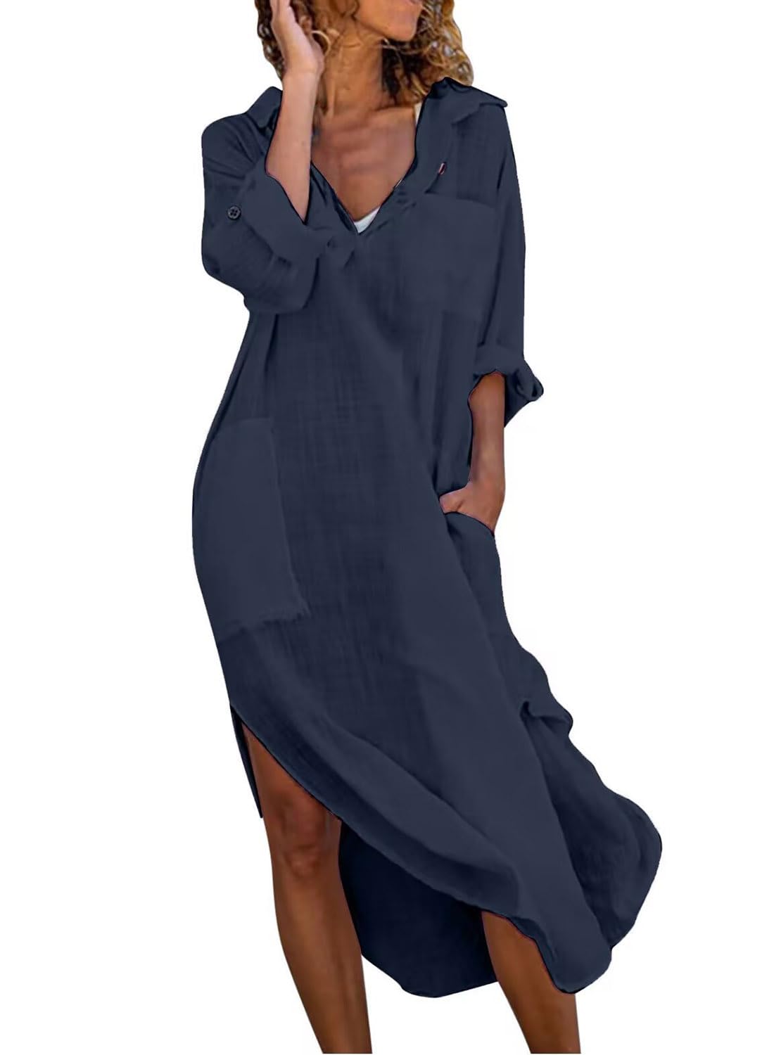 utcoco Womens Casual Loose Cotton Linen Long Shirt Dress Lapel Button Cuffed Sleeve Side Split Dresses with Pockets