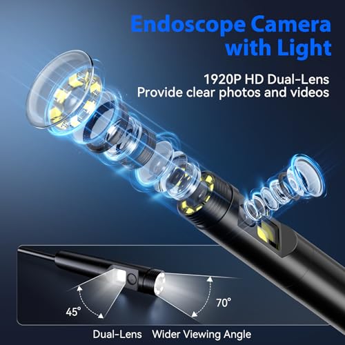 Cámara Endoscópica con Luz, Lentes Dobles 1920P HD Borescopio con 8+1 Luces LED Ajustables, Cable Semi-rígido de 16.4FT, Resistente al Agua IP67 Compatible con iPhone, iPad, iOS y Android miniatura 2