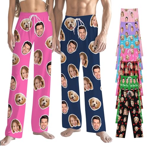 Custom Pajamas Pants with Photo Face, Personalized Pajama Sleepwear for Men Women Funny Couples Pjs Gf Gifts for Christmas