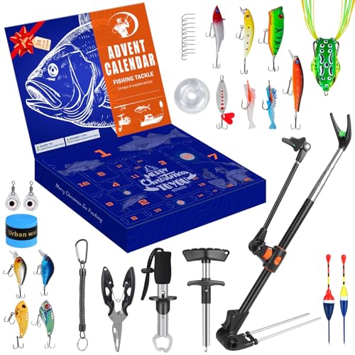 Fishing Advent Calendar 2025 for Men Teen Boy, 24-Day Fishing Tackle Advent Calendar with Fishing Rod Holder, Fish Lip Gripper, Hook Tier, Christmas Count-Down Calendar for Father, Husband, Boyfriend
