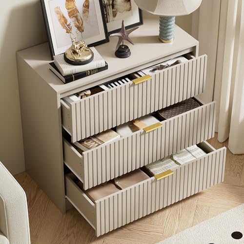 Image of Furniway 31.5 inch Large Nightstand with 3 Drawers, Fluted Bedside Table, Modern Tall End Table with Storage, Wood Night Stand Organizer Cabinet for Bedroom, Beige