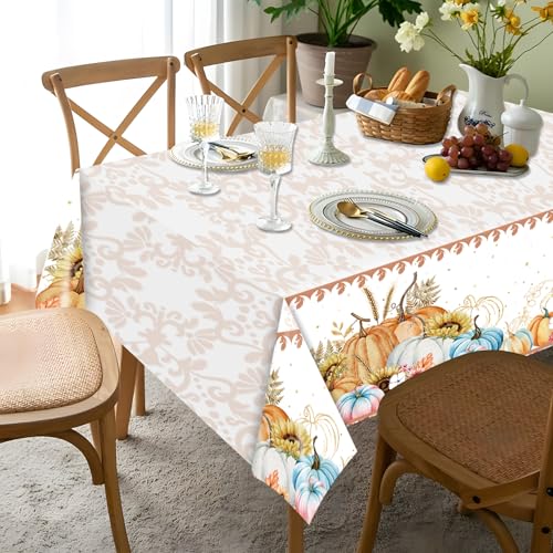 Image of 3-Pack 54 x 108 Inch Pastel Pumpkin Thanksgiving Plastic Tablecloth - Elegant Fall Table Cover with Watercolor Pumpkins and Floral Accents for Autumn Dinner, Harvest Parties, and Friendsgiving Decor