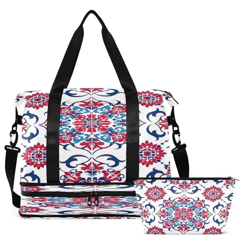 Mexican Talavera Tiles Gym Bag for Women Sport Travel Duffel Bag Shoulder Weekender Overnight Bags with Wet Pocket & Shoe Compartment2
