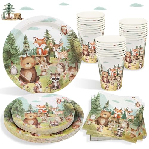 100pcs Vaisselle Animaux de la forêt Décoration Assiettes Serviettes Gobelets pour 25 Invités