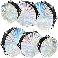 6 Pack Radiant Tambourine 6 8 10 Inch Reflective Tambourine with Double Row Jingle Bell Hand Held Drum Percussion Musical Instrumen for Adult Church Wedding Dance Party KTV