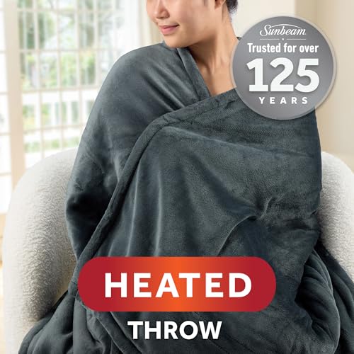 Image of Sunbeam Electric Throw Royal Mink Sherpa Heated Blanket, 4 Heat Settings, 4-Hour Auto Shut-Off, Fast Heating, Luxurious and Ultra Comfy, Night Fog Color, 50 inch x 60 inch