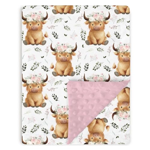 Image of Tewrnvioc Highland Cow Floral Baby Blankets for Girls 30" x 40", Pink Flower Soft Double Layer Minky Blanket with Dotted Fleece Back, Nursery Bed Receiving Quilt for Newborn Infant Toddler Shower Gift