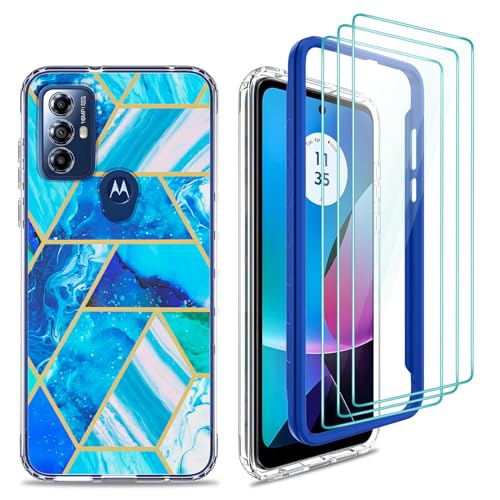 Motorola Moto G Play (2023)/ Moto G Power (2022)/Motorola G Pure Case with [3X Tempered Glass Screen Protector], Hard PC Bumper + SOFE TPU Shockproof Armor Impact Hybrid Marble Colorful Case - Blue