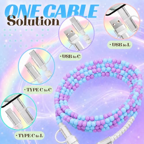 Image of 4-in-1 Beaded Charging Cable, MFi Certified, Works with CarPlay, 6.6FT 60W Fast Charger Cord for iPhone 17 /16 /15 /14 /13 /12 /11, iPad, Samsung, Android and More (Lavender Sky)