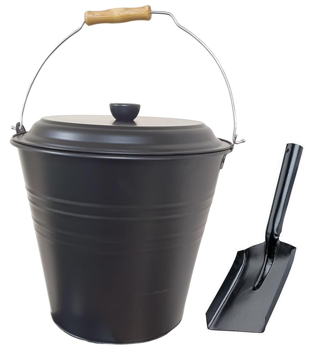 Easy Shopping® 12L 12 Liter Metal Ash Bucket Black WITH FREE SHOVEL Fireside Storage Coal Ash Bin Fire Log Container With Wood Handle and Black Lid