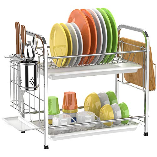 Dish Rack, Cambond 304 Stainless Steel 2 Tier Dish Drying Rack with Drain Board, Utensil Holder, Cutting Board Holder, Rustproof Dish Drainer for Kitchen Countertop, Silver