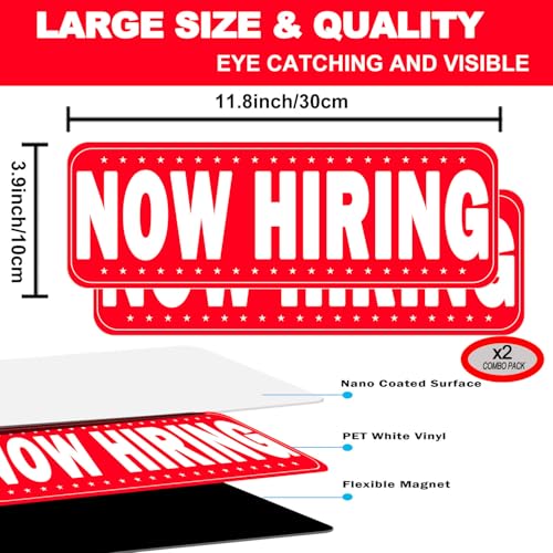 Image of 2 Pack Now Hiring Magnet for Cars and Trucks, 11.8 * 3.9 Inch Magnetic Car Signs with Strong Hold for Delivery Drivers, Business, Restaurants - Easy to Remove, Reusable Vehicle Magnet(Red-now hiring)