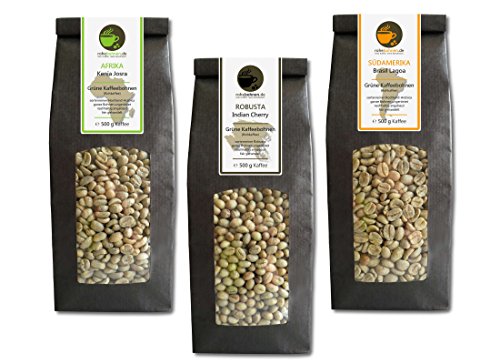 Rohkaffee - Grüner Kaffee Kenia, Indien, Brasilien (grüne Kaffeebohnen Sparpack 3x500g)
