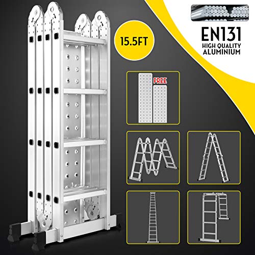 Idealchoiceproduct 15.5\' Heavy Duty Gaint Aluminum Multi Purpose Folding Ladder Scaffold Ladders with 2 Platform Plates- 330Lbs - Thumbnail 6