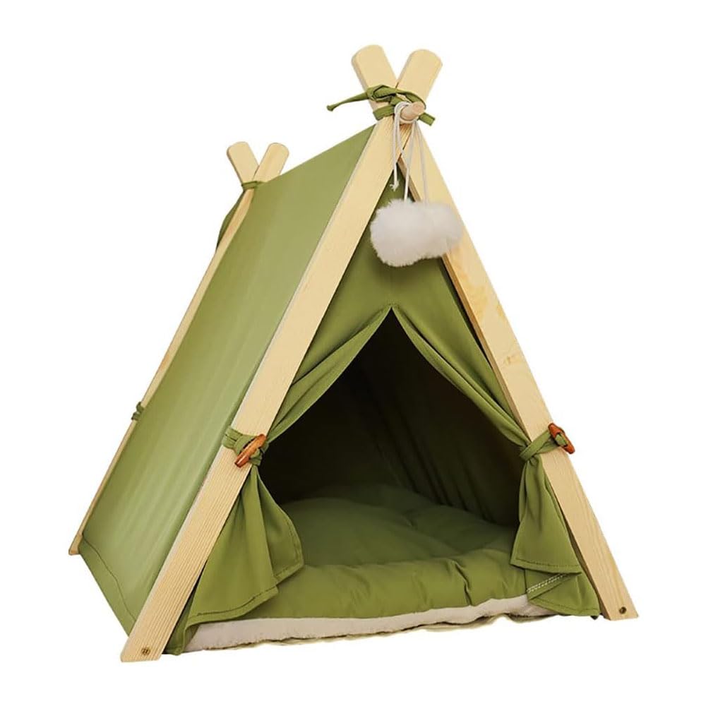 COOLBABY Pet Teepee Tent,24 Inch Portable Indoor Dog House with Thick Cushion,Removable and Washable Canvas Solid Wood Tent for Dog Cat,Green