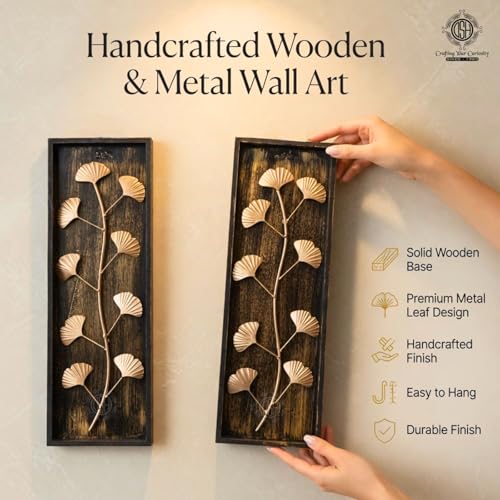 Image of DSH Leaf Wall Art Panels Modern Rustic Home Decor Wall Hanging Sculpture for Living Room, Bedroom & Office (45X15 CM) Decoration Item (Ginkgo Leaf, 2 Frames)