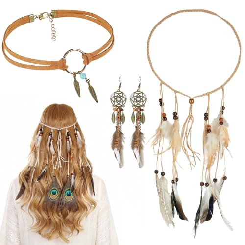 wlertcop 3 Stück Teiliges Indianer Kopf Schmuck Set Boho Traumfänger-Ohrringe Leder Choker...