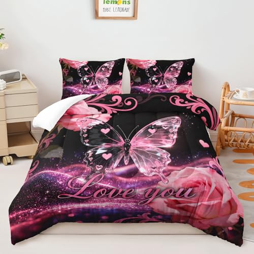 Image of AILONEN Pink Butterfly Bedding Set Queen Size,Romantic Rose Hearts Comforter with 2 Pillowcases,3-Piece Pink & Black Glitter Quilt Set for Girls Teens Women
