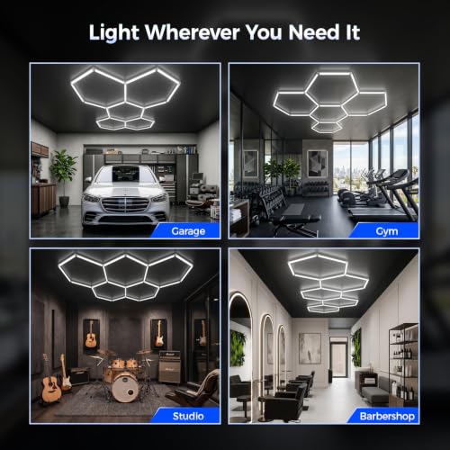 Gneng Hexagon Garage Lights, 6500K Ultra Bright LED Hexagon Lights, 156W 17280LM; Honeycomb Light for Garage, Barber, Workshop, Basement,Gym Lighting (5 Grids White Hex Light) - image 7