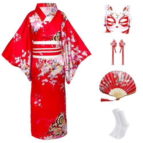 CRFASIBE 5 Piezas Niños Kimono Japonés Bata, Niña Yukata Geisha Vestido Ropa Albornoz para Spa, Kimono Verano Cosplay Trajes Set con Accesorios(Rojo,140cm)