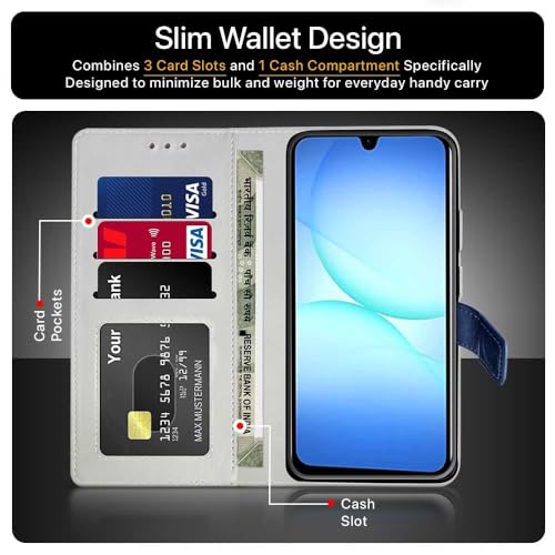 Image of FLIPPED Vegan Leather Flip Case Back Cover for Samsung Galaxy M17 5G | A17 5G | F17 5G (Flexible, Shock Proof | Hand Stitched Leather Finish | Card Pockets Wallet & Stand | Blue with Brown)