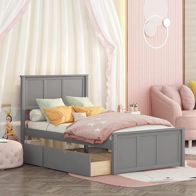 Harper & Bright Designs Twin Bed Frames with 2 Storage Drawers, Twin Size Platform Bed with Drawers, Twin Bed with Storage for Kiids Girls Boys, No