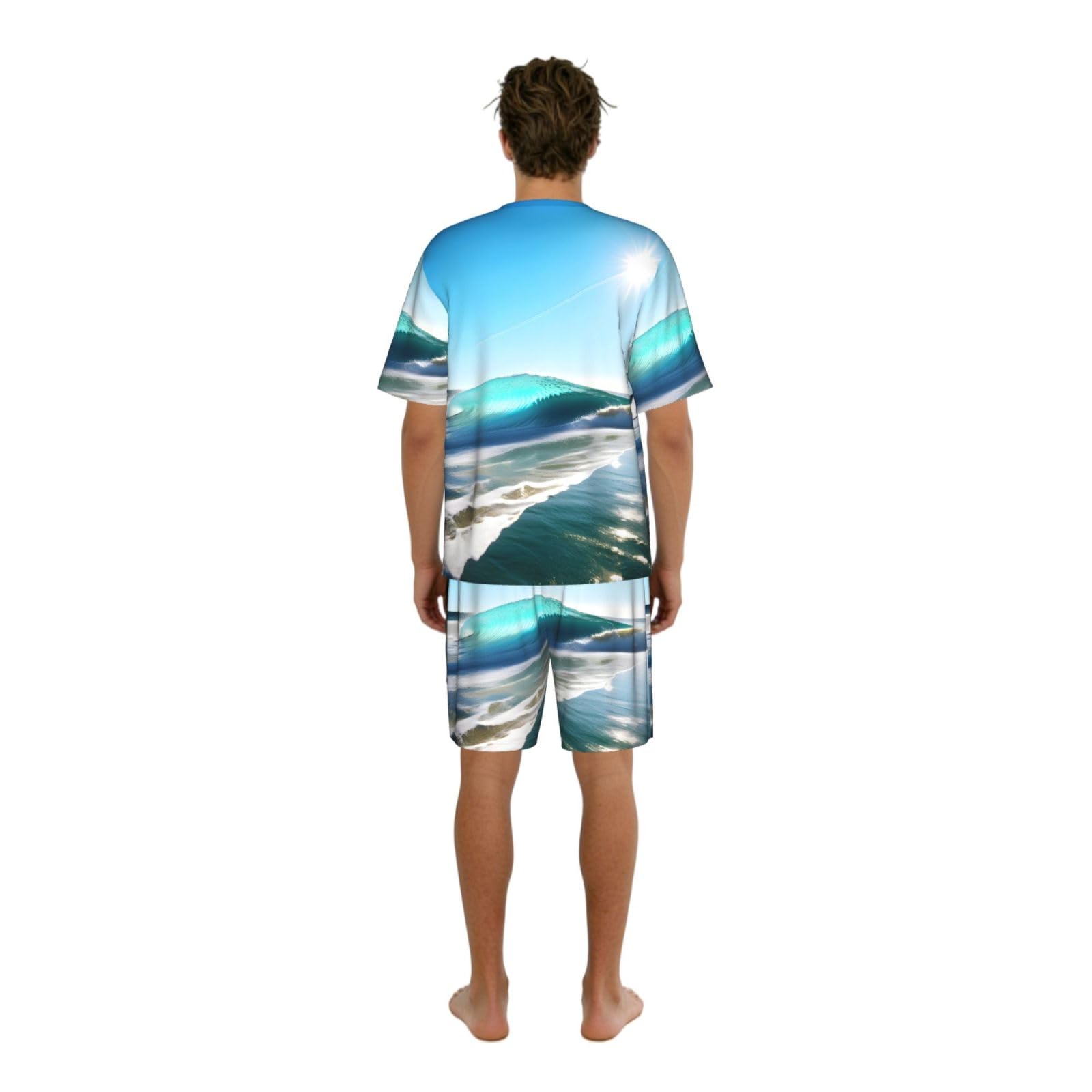 Conjunto de pijama clásico para hombre, estampado de olas de cielo claro, pantalones cortos de pijama suaves para hombre, perfecto para las noches de verano