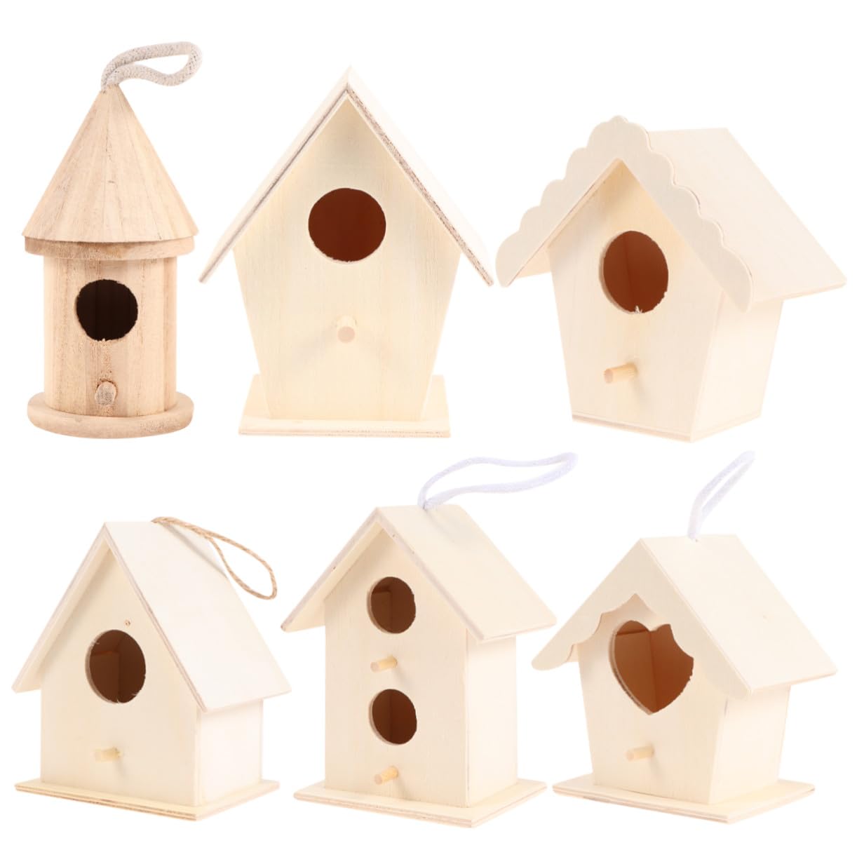 PLAFOPE 6 Stück Teiliges DIY Holz Vogelhaus zum Bemalen Stabiler Stand Kinderfreundliches Lernspielzeug Vielseitiges Bastelset für Zuhause Büro Dekoration Inklusive Aufhängeseil