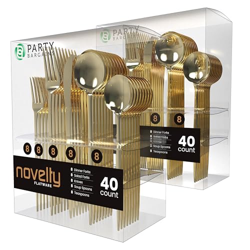 Party Bargains Disposable Plastic Silverware Cutlery Set, 80 Pc, Novelty Design, Gold, 32 Forks, 16 Knives, 32 Spoons, Modern Flatware Utensils for Table Place Settings, Dinner, Dessert