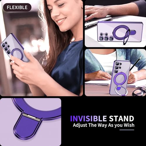 Image of Magnetic Stand & Full Camera Lens Protector Case for Samsung Galaxy S25 Ultra[Compatible with MagSafe][Military Drop Protective]Not Yellowing Clear Slim Soft S25 Ultra Phone Case for Women Men,Purple