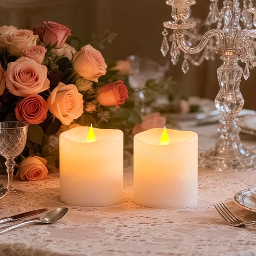 Image of 3x3 Flickering Flameless Candles Set of 2,3 inch Real Wax LED 600 Hours Battery Candles with Timer Remote,Control for Wedding Party Indoor,Ivory