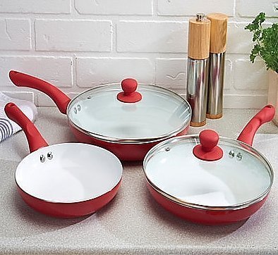 Sherwood housewares 5 Piece Ceramic Coated Non-Stick Cookware Saucepan Frying Pan Kitchen Set Red