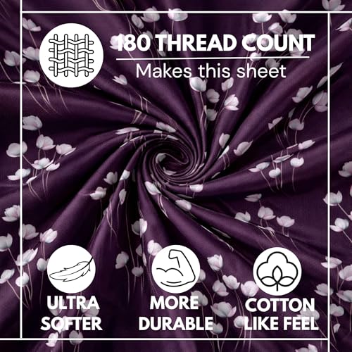 Image of King Size Bedsheet Cotton for Double Bed | Flat - 90x100 Inch, Floral, Soft & Breathable, Fade & Shrink Resistant, 2 Pillow Covers | Plum Tulip Glow, Plum Purple